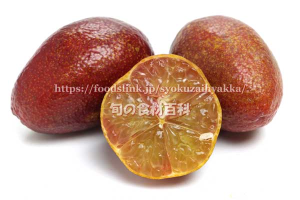 オーストラリアン ブラッドライムとその断面に見える赤みが差したサジョウの粒 オーストラリアン ブラッドライムとその断面に見える赤みが差したサジョウの粒